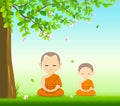 Thai monks and thai novice, Buddhism meditation sit down vector, on grass with under tree