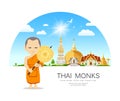 Thai monks talipot fan in hand on thailand place of respect for faith architecture design background