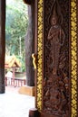 Carving on wood inside the temple. Wat Tha Sai. Thai Mueang. Thai Mueang district. Phang Nga province. Thailand