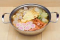 Thai noodle mixed with vegetables, pork balls, tofu, and cheese Royalty Free Stock Photo