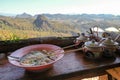 Thai noodle and seasoning with beautiful landscape mountain view point at baan jabo Mae Hong Son