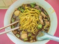 Thai noodles with pork in a bowl,