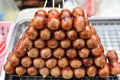 Thai Northeast sausages arranged like pyramid layers. Royalty Free Stock Photo