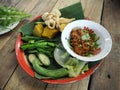 Thai Northern Style Pork and Tomato Relish Nam Prik Aong , vegetables set