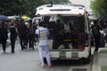 Thai officer operator staff of emergency ambulance vehicle stop waiting service patient people and travelers sick on street at