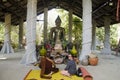 Thai old woman pray flower and burning incense at thurible for r Royalty Free Stock Photo