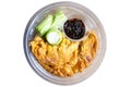 Thai omelet over rice in Plastic bowl, focus selective Royalty Free Stock Photo