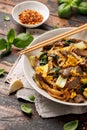 Thai Pad See Ew with beef, eggs, vegetables and rice noodles. Royalty Free Stock Photo