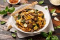 Thai Pad See Ew with beef, eggs, vegetables and rice noodles. Royalty Free Stock Photo