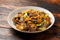 Thai Pad See Ew with beef, eggs, vegetables and rice noodles. Royalty Free Stock Photo