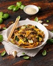 Thai Pad See Ew with beef, eggs, vegetables and rice noodles. Royalty Free Stock Photo