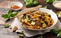 Thai Pad See Ew with beef, eggs, vegetables and rice noodles. Royalty Free Stock Photo