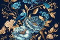 thai painting on wall, dark background of garden flowers, peonies, birds, branches on a blue background