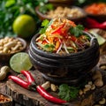 Thai papaya salad in wooden mortar. Generative AI Royalty Free Stock Photo