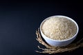 Thai parboiled rice in white ceramic bowl on black background. 45 degree angle. close up shot Royalty Free Stock Photo
