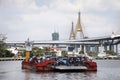 Thai passage ferryboat or ferry boat barge transport carry pick up vehicle crossing chao phraya river at Phra Pradaeng pier harbor