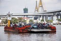 Thai passage ferryboat or ferry boat barge transport carry pick up vehicle crossing chao phraya river at Phra Pradaeng pier harbor