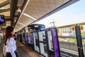 Thai passengers are traveling by the MRT Purple line sky train, The Purple Line serves travellers between the northwestern suburbs