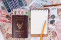 Thai Passport with Thai money banknote, Thai coin and airplane. Royalty Free Stock Photo