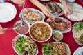 Thai people eating local thai food together