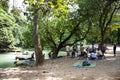 Thai people foreigner travel relax and play swimming in Namtok Chet Sao Noi small waterfall in Saraburi, Thailand