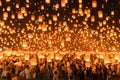 Thai people release sky floating lanterns or lamp to worship Buddha`s relics at night. Traditional festival in Chiang mai,