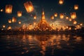 Group of Thai people release sky floating lanterns or lamp to worship Buddha\'s relics with reflection