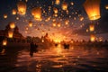 Group of Thai people release sky floating lanterns or lamp to worship Buddha\'s relics with reflection