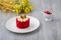 Thai red cake. Velvet red cake. Cookies decorated with red cake on wooden table and flower. strawberries morning. Cherry in the cu