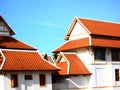 Thai resident using roof tiles geometric shape exterior design retro Thai style against blue sky