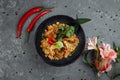 Thai rice with chicken. Thai dish of rice, chicken, Yalta onion, corn, pineapple, tomato, soy sauce, chili paste Royalty Free Stock Photo