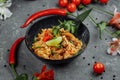 Thai rice with chicken. Thai dish of rice, chicken, Yalta onion, corn, pineapple, tomato, soy sauce, chili paste Royalty Free Stock Photo