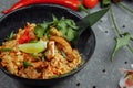 Thai rice with chicken. Thai dish of rice, chicken, Yalta onion, corn, pineapple, tomato, soy sauce, chili paste Royalty Free Stock Photo