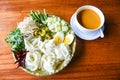 Thai rice noodles - Close up Thailand food vermicelli noodle boiled eggs and fresh vegetables on plate with curry soup bowl served Royalty Free Stock Photo