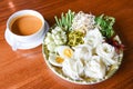 Thai rice noodles - Close up Thailand food vermicelli noodle boiled eggs and fresh vegetables on plate with curry soup bowl served