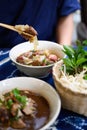 Thai rice noodles soup with pork, beef and vegetables Royalty Free Stock Photo