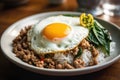 Thai Rice topped with stir-fried pork and basil,Generative AI