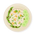 Thai Rice with Vegetables and Sliced Cucumber Rested Nearby Top View Vector Illustration