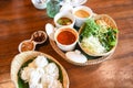 Thai rice vermicelli noodle with soup curry sauce and fresh vegetable set - Thai traditional menu Royalty Free Stock Photo