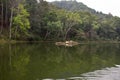 Thai rower waterman rowing bamboo rafts in Pang Ung lake for service travelers people travel visit Pang Oung or Switzerland of