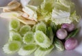 Thai`s vegetable side dish set Yardlong bean,Eggplant chopped in bowl. set of Thai local herb vegetables salad dish.