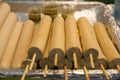 Thai sausage with bamboo stick, in a basket.