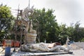 Thai sculptor professional people made build and sculpture carving buddha and naka statue in construction site in Wat Chedi Hoi at