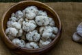 Thai Shortbread Cookies Thai Dessert, Kanom Kleeb Lum Duen on burlap fabric background