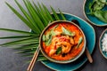 THAI SHRIMPS RED CURRY. Thailand Thai tradition red curry soup with shrimps prawns and coconut milk. Panaeng Curry in