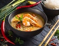 Thai soup with shrimp, coconut milk, chili, and rice noodles. Oriental cuisine, tom yum Royalty Free Stock Photo