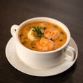 Thai soup Tom Yam with shrimps. Pan-Asian cuisine. White pot of spicy hot soup on black wooden table Royalty Free Stock Photo