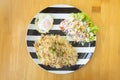 Thai Sour Pork Fried Rice and Salad and Fried Egg on Top View