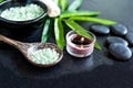 Thai Spa. Hot stones setting for massage treatment and relax on blackboard with copy space. Green leaf with black stones pile for