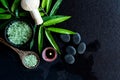 Thai Spa. Hot stones setting for massage treatment and relax on blackboard with copy space. Green leaf with black stones pile for